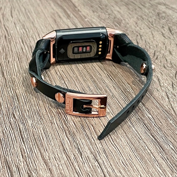 Fitbit Charge 5 Black Leather Band Slim Strap Rose Gold Women Jewelry Wristband - Picture 4 of 9